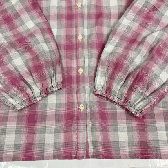 NEW Loft Pink Gray Plaid Smocked Button Front Long Sleeve Top Women’s XL - Picture 5 of 9